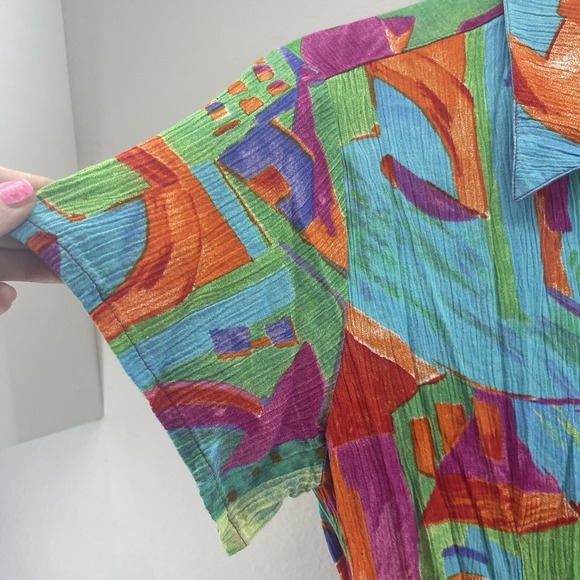 Vtg Crinkle Top 80s 90s Y2K Neon Colorblock Geo Women's XL Beach Babe Key Lime - Picture 6 of 11